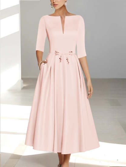Ankle-Length Mother of the Bride A-Line Dress with Half Sleeves and Pockets