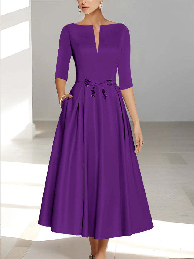 Ankle-Length Mother of the Bride A-Line Dress with Half Sleeves and Pockets