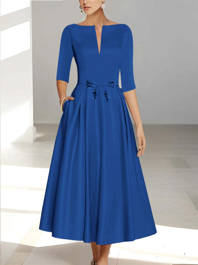 Ankle-Length Mother of the Bride A-Line Dress with Half Sleeves and Pockets