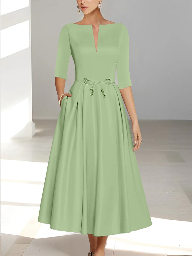 Ankle-Length Mother of the Bride A-Line Dress with Half Sleeves and Pockets