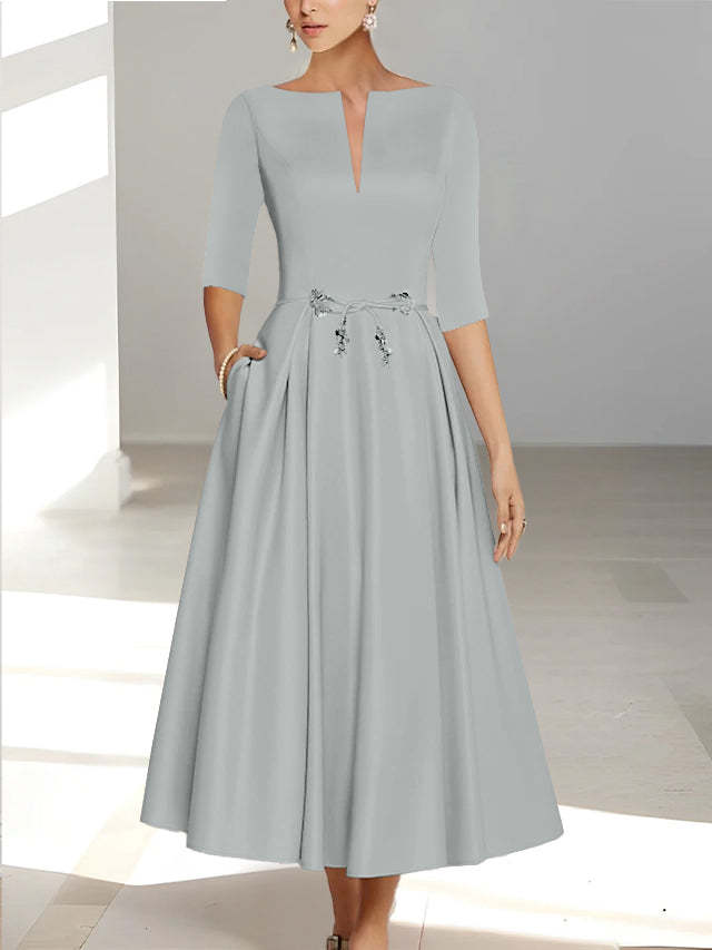 Ankle-Length Mother of the Bride A-Line Dress with Half Sleeves and Pockets