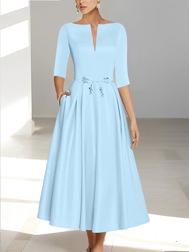 Ankle-Length Mother of the Bride A-Line Dress with Half Sleeves and Pockets