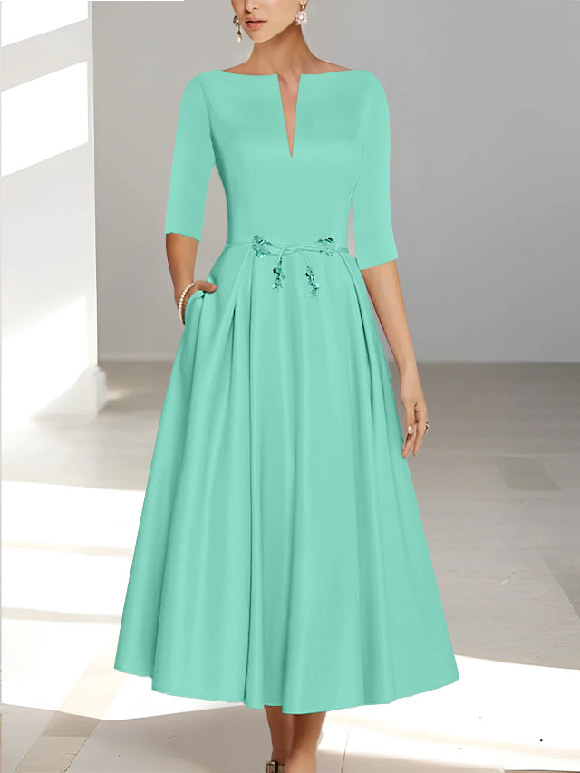 Ankle-Length Mother of the Bride A-Line Dress with Half Sleeves and Pockets