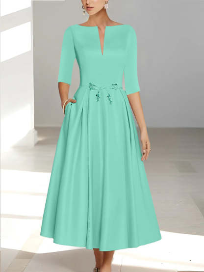 Ankle-Length Mother of the Bride A-Line Dress with Half Sleeves and Pockets