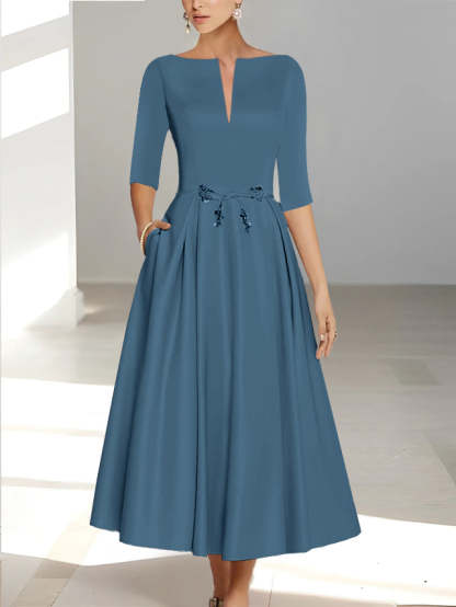 Ankle-Length Mother of the Bride A-Line Dress with Half Sleeves and Pockets