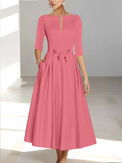 Ankle-Length Mother of the Bride A-Line Dress with Half Sleeves and Pockets