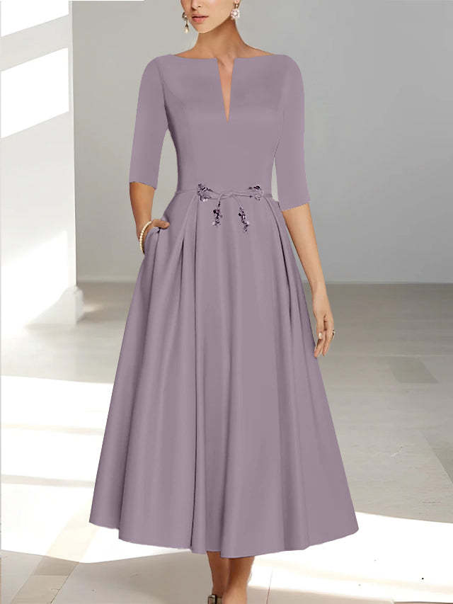 Ankle-Length Mother of the Bride A-Line Dress with Half Sleeves and Pockets