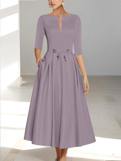 Ankle-Length Mother of the Bride A-Line Dress with Half Sleeves and Pockets