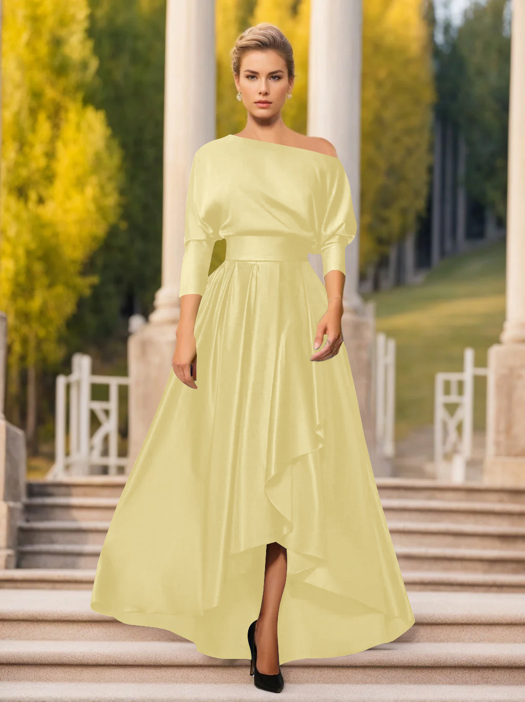 One-Shoulder A-Line Princess Dress with 3/4 Sleeves for Mothers of the Bride & Groom