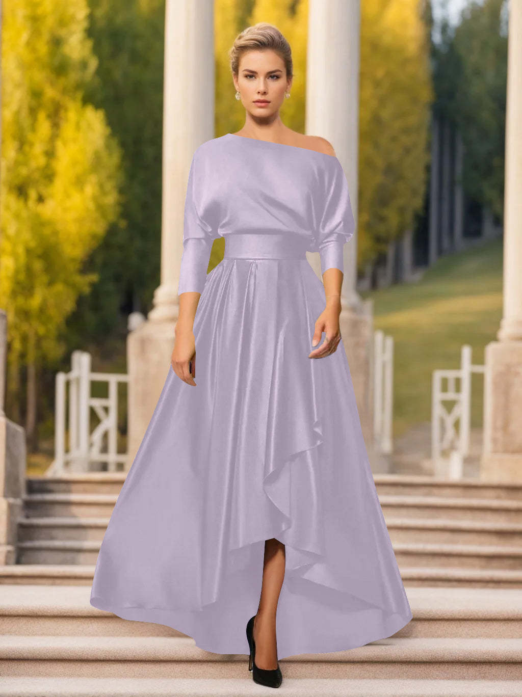 One-Shoulder A-Line Princess Dress with 3/4 Sleeves for Mothers of the Bride & Groom