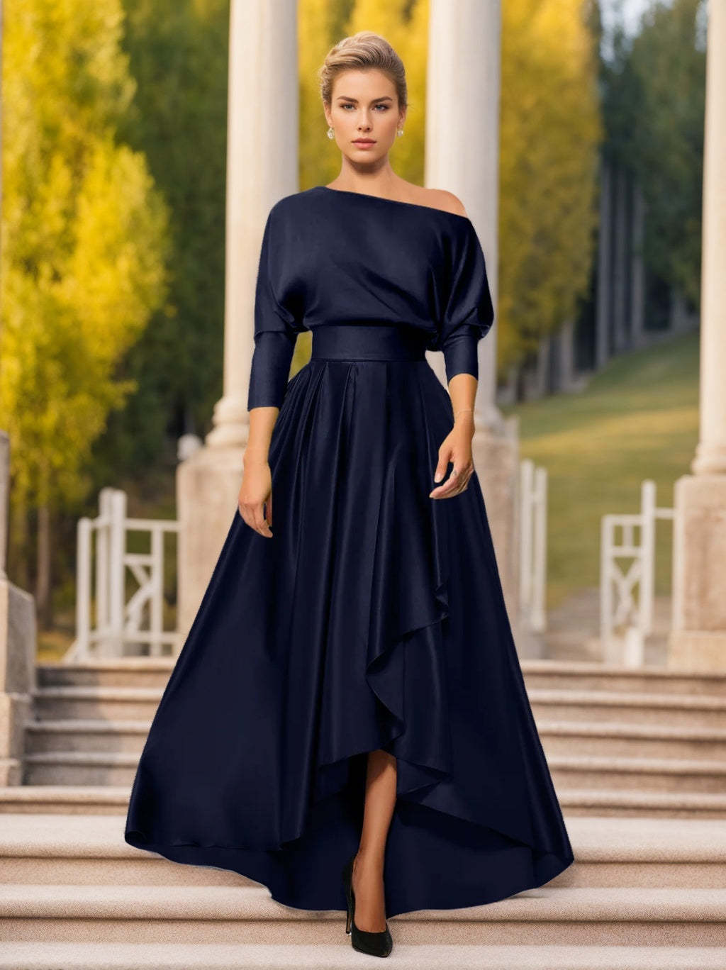 One-Shoulder A-Line Princess Dress with 3/4 Sleeves for Mothers of the Bride & Groom