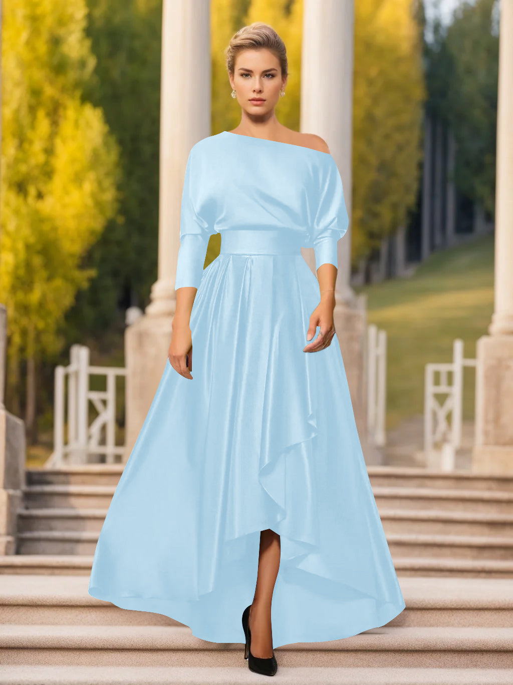 One-Shoulder A-Line Princess Dress with 3/4 Sleeves for Mothers of the Bride & Groom