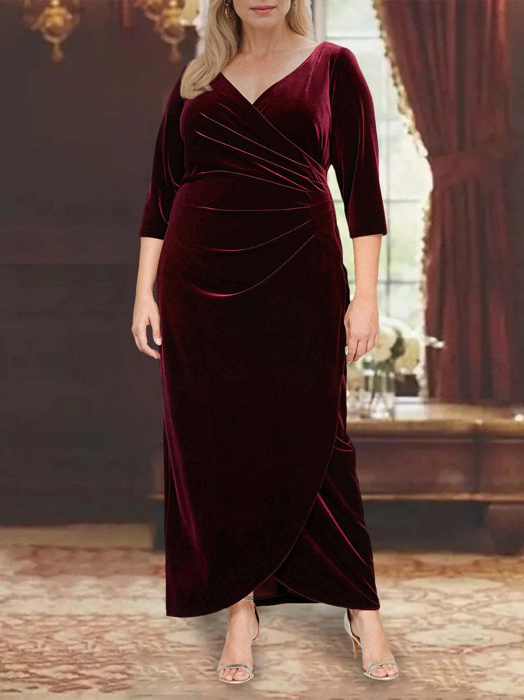 Plus Size V-Neck Princess A-Line Mother of the Bride Dress with 3/4 Sleeves and Asymmetrical Ruffles
