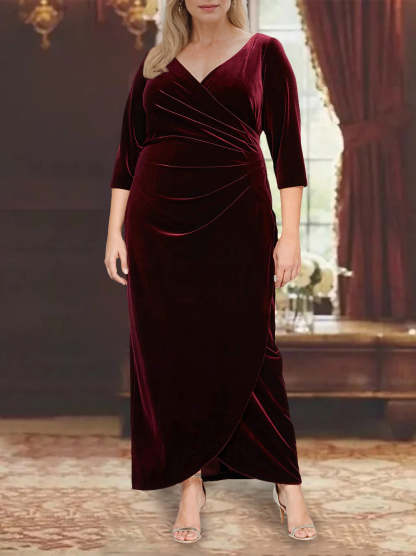 Plus Size V-Neck Princess A-Line Mother of the Bride Dress with 3/4 Sleeves and Asymmetrical Ruffles