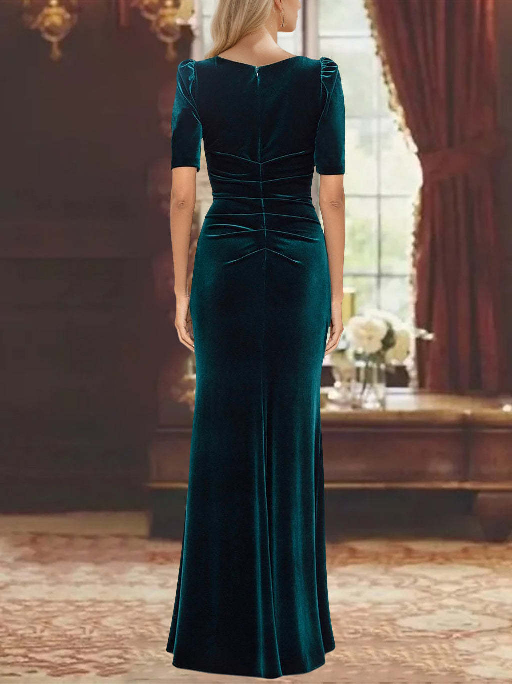 Ankle-Length A-Line Princess Scoop Neck Mother of the Bride Dress with Half Sleeves and Ruffles