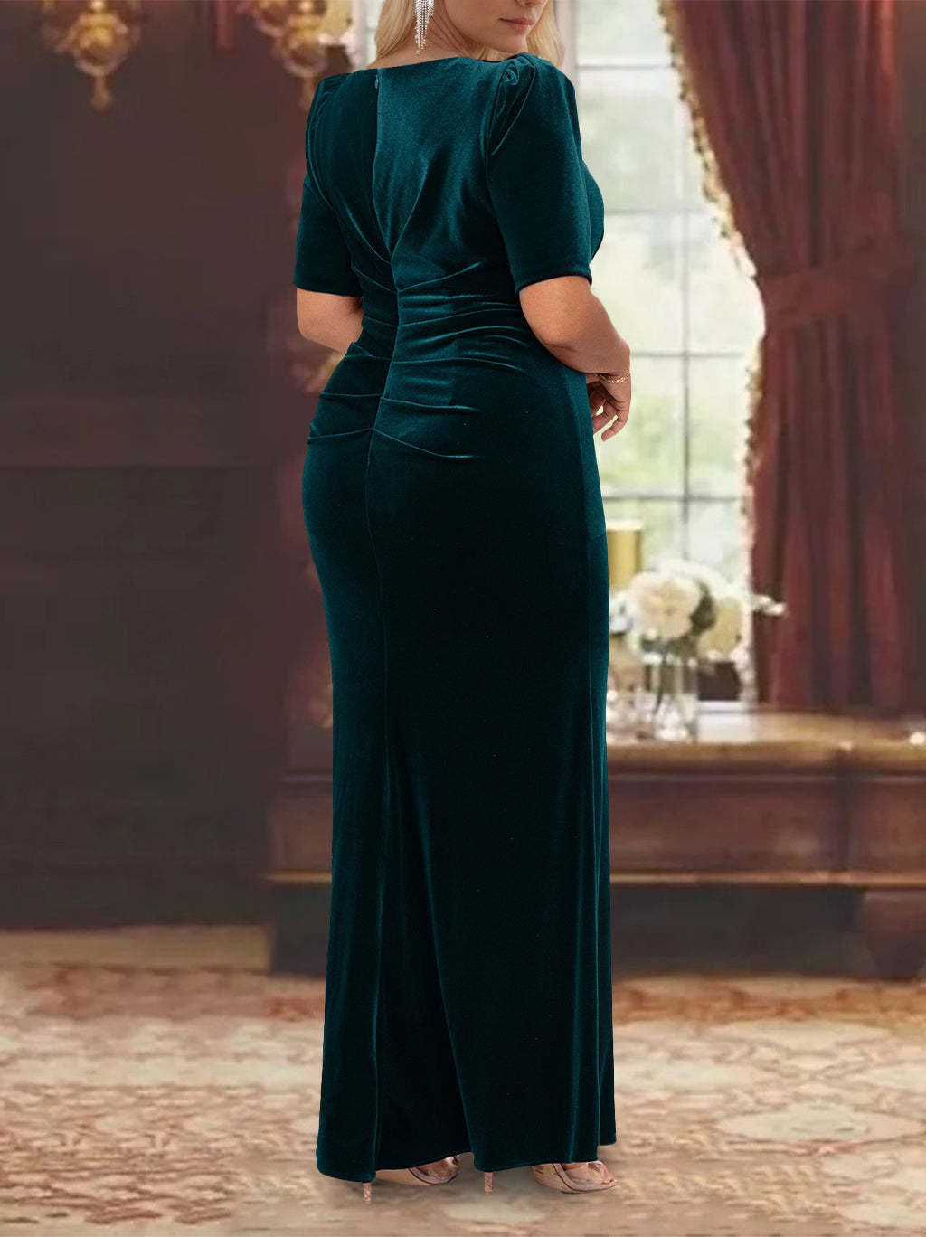 Ankle-Length A-Line Princess Scoop Neck Mother of the Bride Dress with Half Sleeves and Ruffles