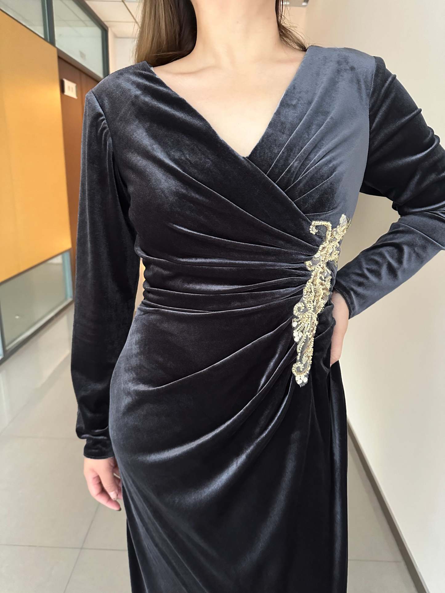 Princess A-Line V-Neck Floor-Length Plus Size Velvet Mother of the Bride Dress with Long Sleeves and Ruffles