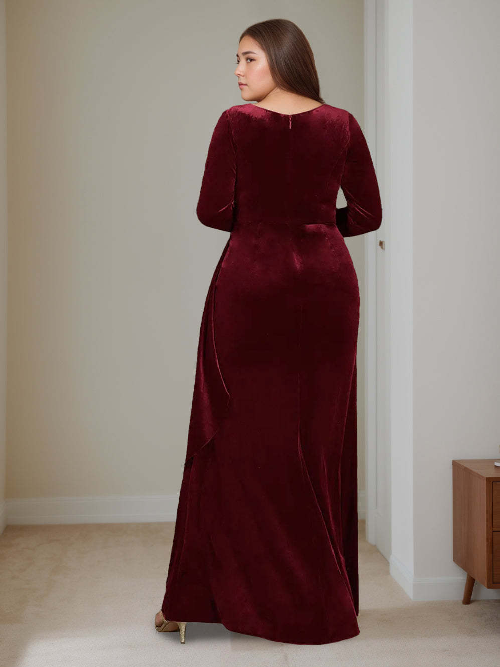 Princess A-Line V-Neck Floor-Length Plus Size Velvet Mother of the Bride Dress with Long Sleeves and Ruffles