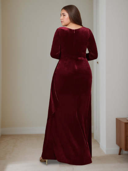Princess A-Line V-Neck Floor-Length Plus Size Velvet Mother of the Bride Dress with Long Sleeves and Ruffles