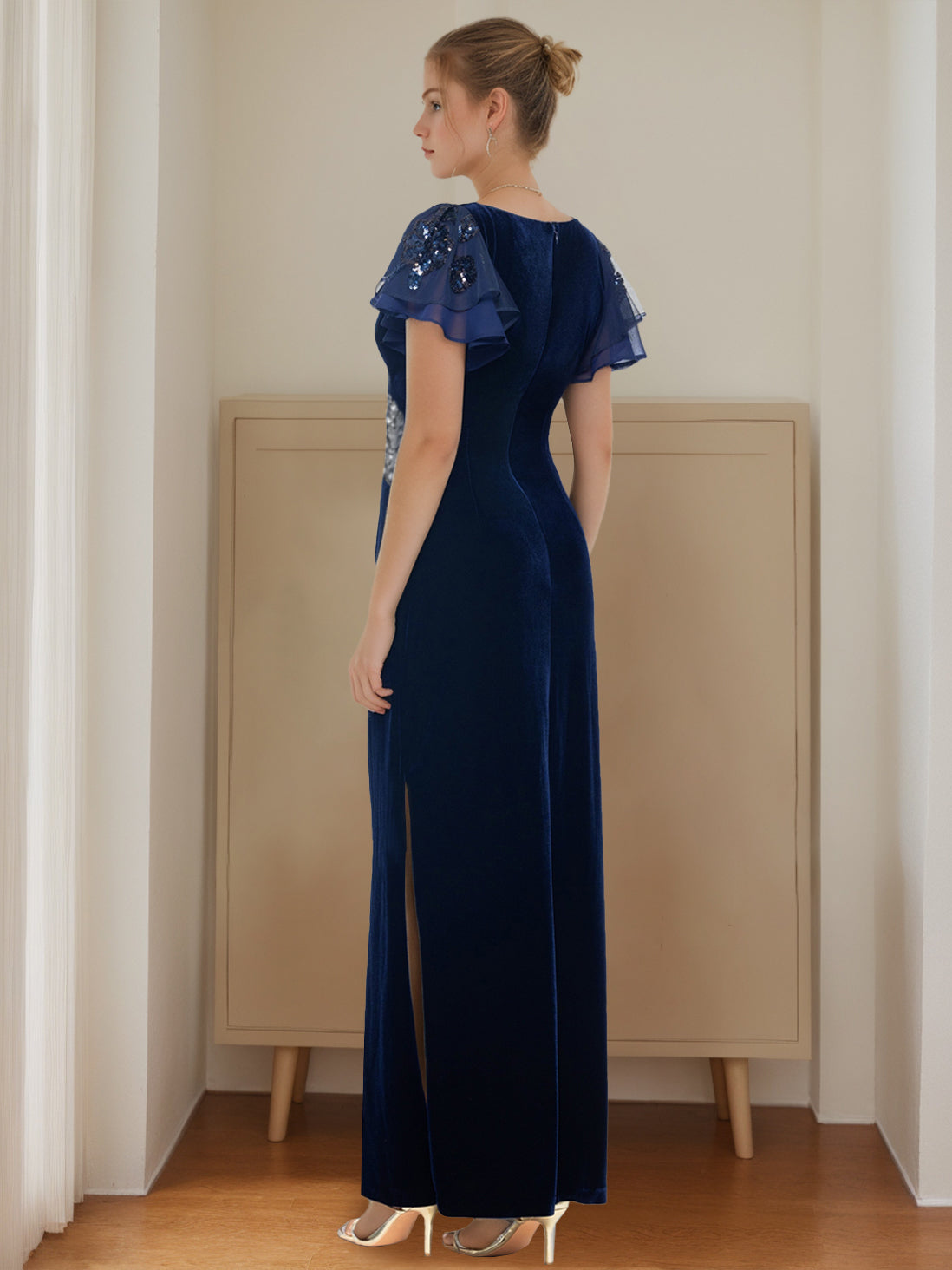 V-Neck Short Sleeve Floor-Length Velvet Sheath Dress with Ruffles and Appliques for the Mother of the Bride