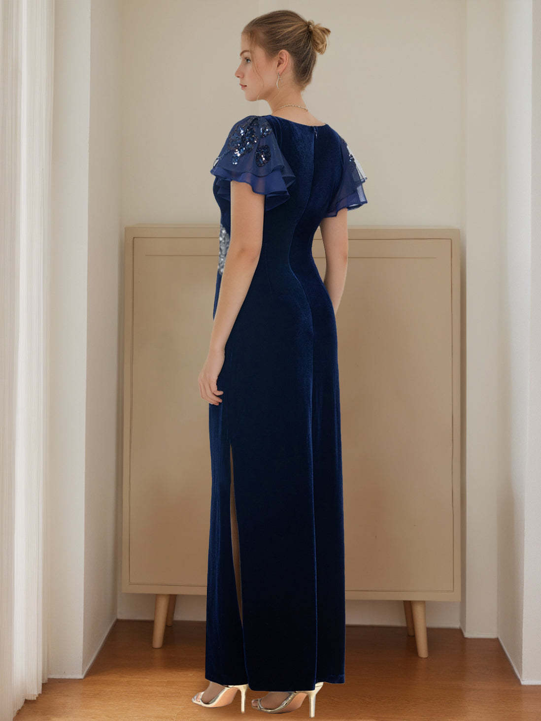 V-Neck Short Sleeve Floor-Length Velvet Sheath Dress with Ruffles and Appliques for the Mother of the Bride