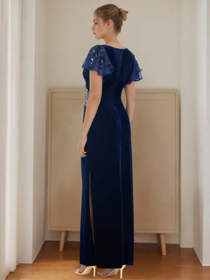 V-Neck Short Sleeve Floor-Length Velvet Sheath Dress with Ruffles and Appliques for the Mother of the Bride