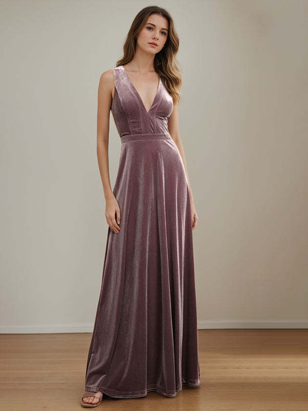 V-Neck Sleeveless Velvet Mother of the Bride A-Line Floor-Length Dress