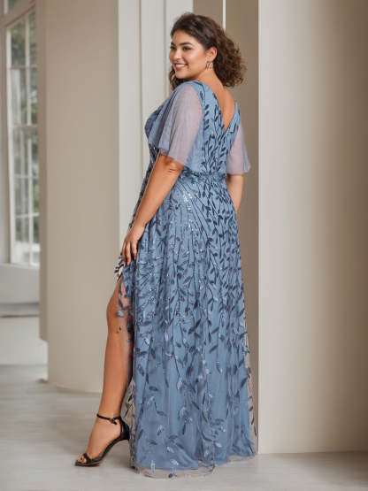 Plus Size Asymmetrical A-Line Princess V-Neck Short Sleeve Mother of the Bride Dress with Sequins