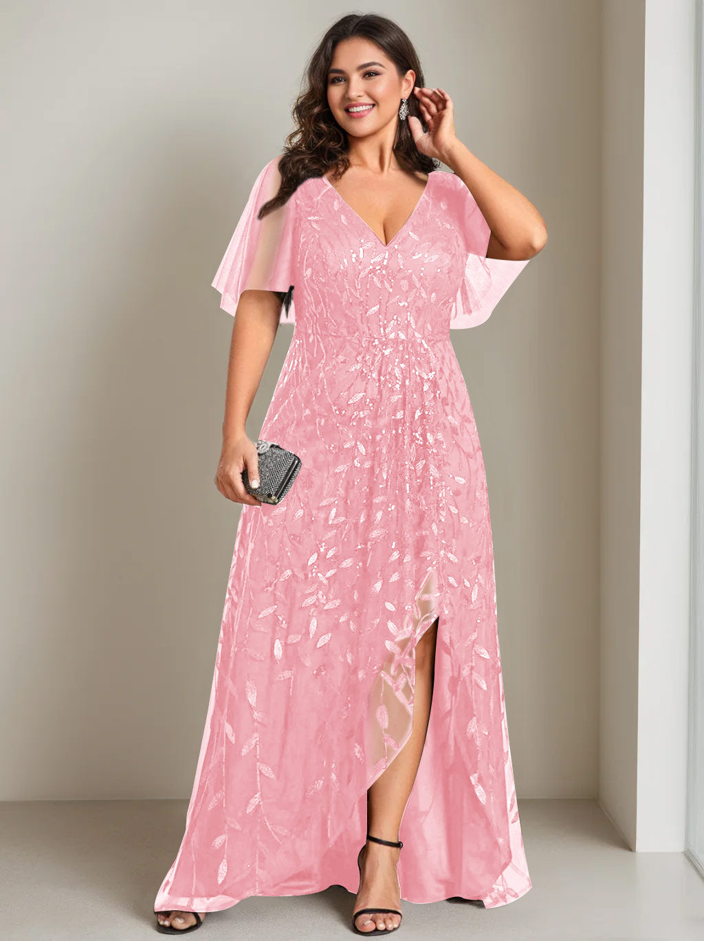 Plus Size Asymmetrical A-Line Princess V-Neck Short Sleeve Mother of the Bride Dress with Sequins