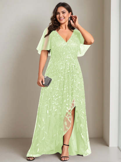Plus Size Asymmetrical A-Line Princess V-Neck Short Sleeve Mother of the Bride Dress with Sequins