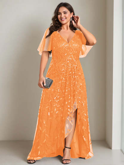 Plus Size Asymmetrical A-Line Princess V-Neck Short Sleeve Mother of the Bride Dress with Sequins