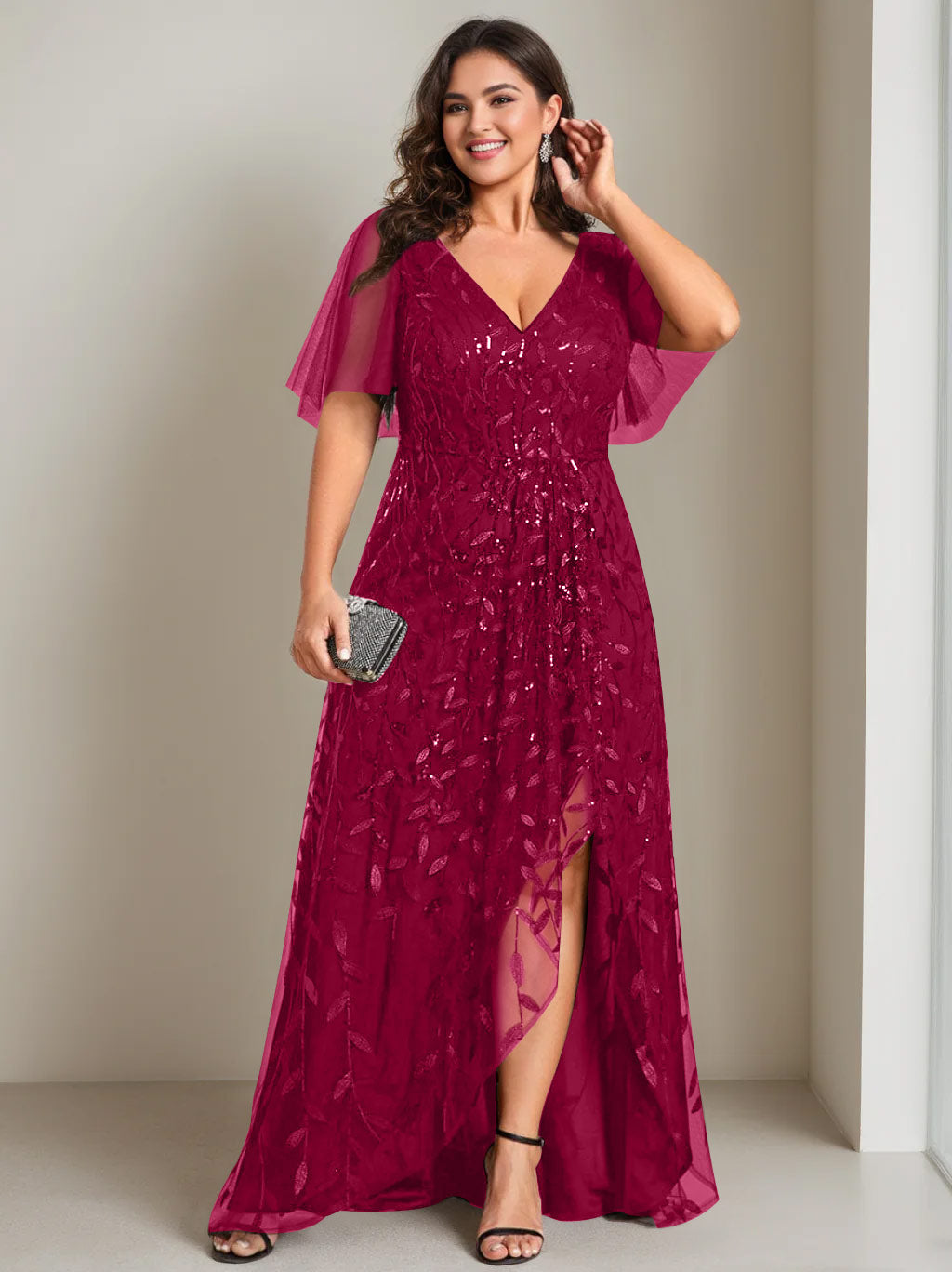 Plus Size Asymmetrical A-Line Princess V-Neck Short Sleeve Mother of the Bride Dress with Sequins