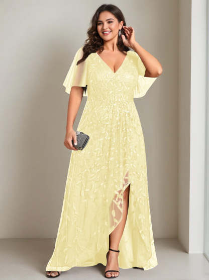 Plus Size Asymmetrical A-Line Princess V-Neck Short Sleeve Mother of the Bride Dress with Sequins