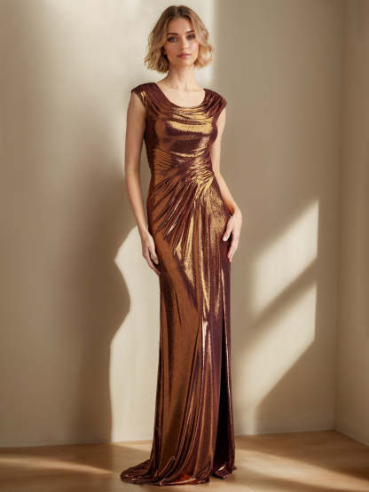 Mermaid/Trumpet Sleeveless Floor-Length Mother of the Bride Dress with Scoop Neck Ruffles & Side Split