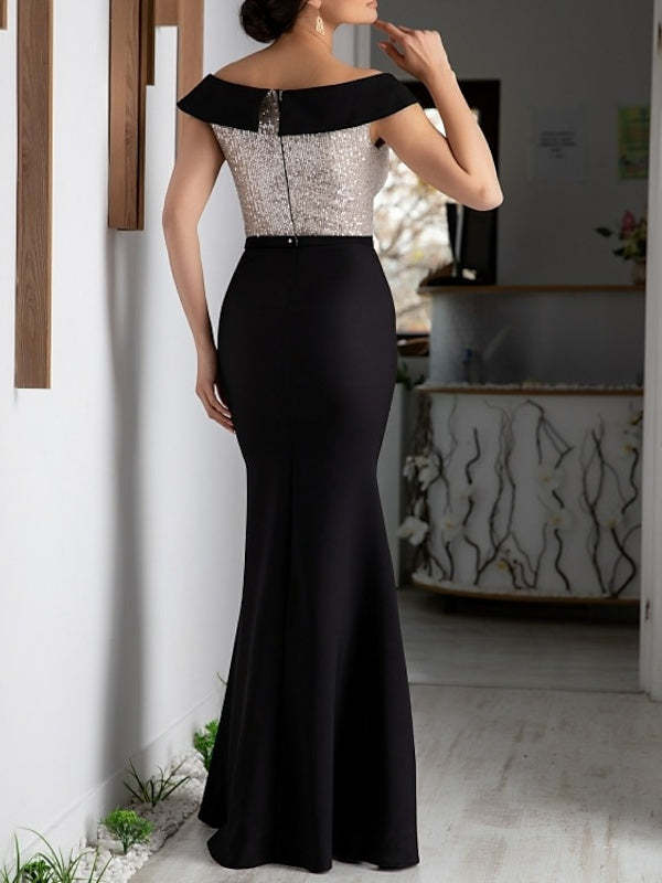V-Neck A-Line Princess Floor-Length Mother of the Bride Dress with Short Sleeves and Sequin