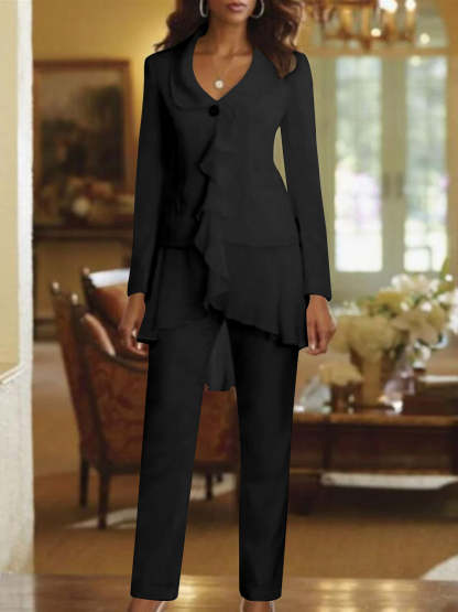 Floor-Length White V-Neck Pantsuit With Long Sleeves and Ruffle for Mother of the Bride