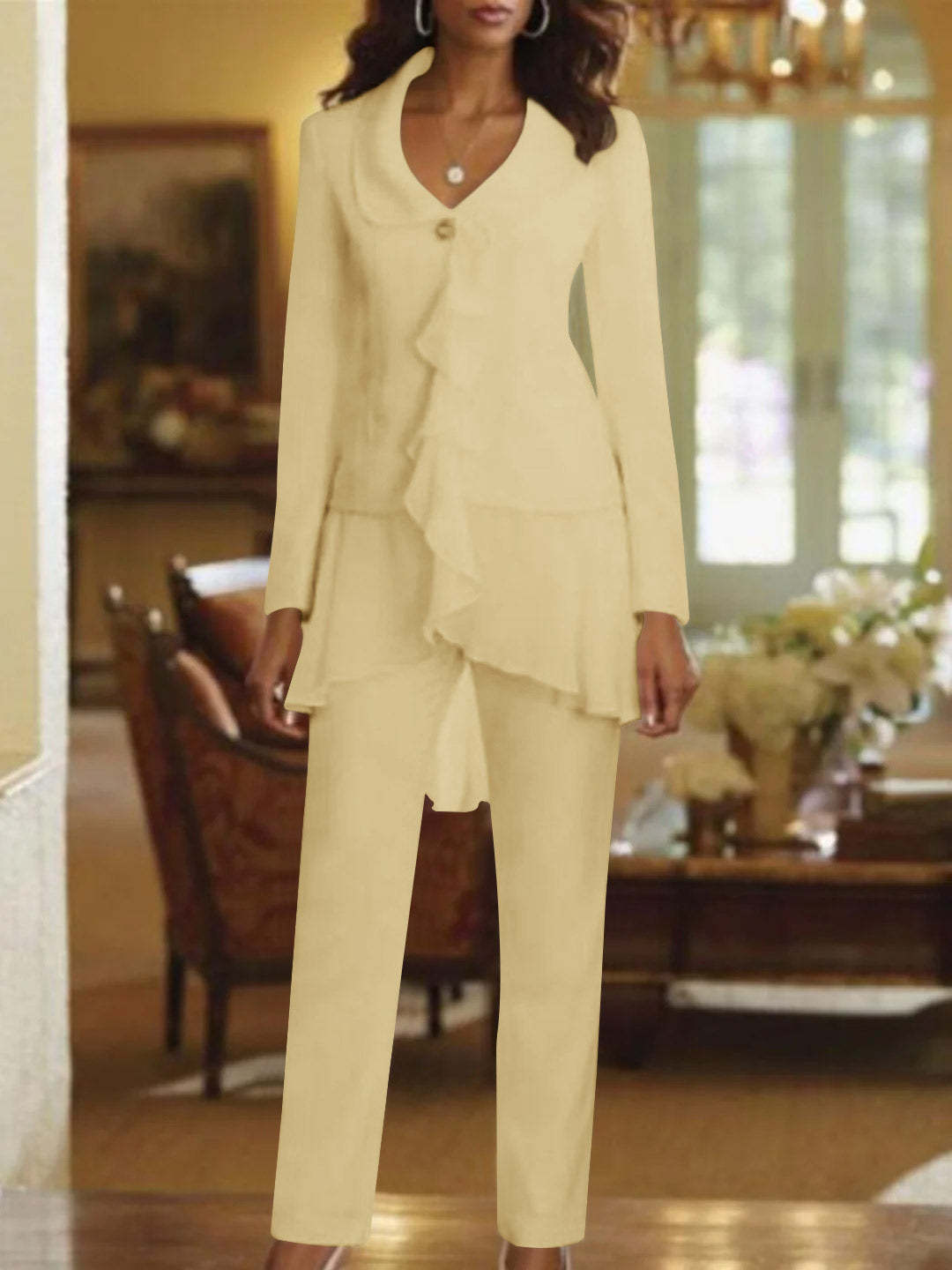 Floor-Length White V-Neck Pantsuit With Long Sleeves and Ruffle for Mother of the Bride