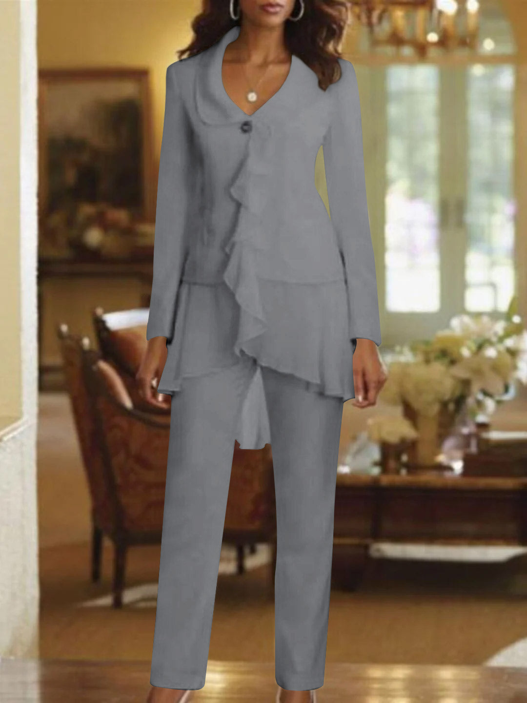 Floor-Length White V-Neck Pantsuit With Long Sleeves and Ruffle for Mother of the Bride
