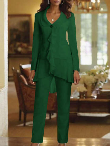 Floor-Length White V-Neck Pantsuit With Long Sleeves and Ruffle for Mother of the Bride