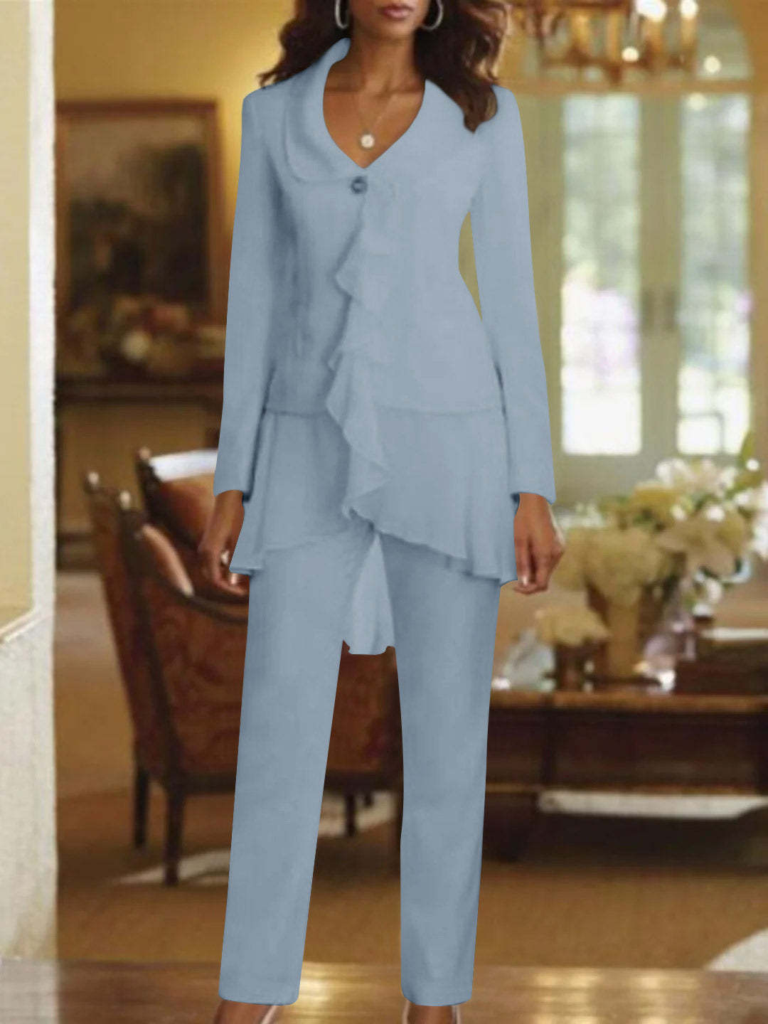 Floor-Length White V-Neck Pantsuit With Long Sleeves and Ruffle for Mother of the Bride