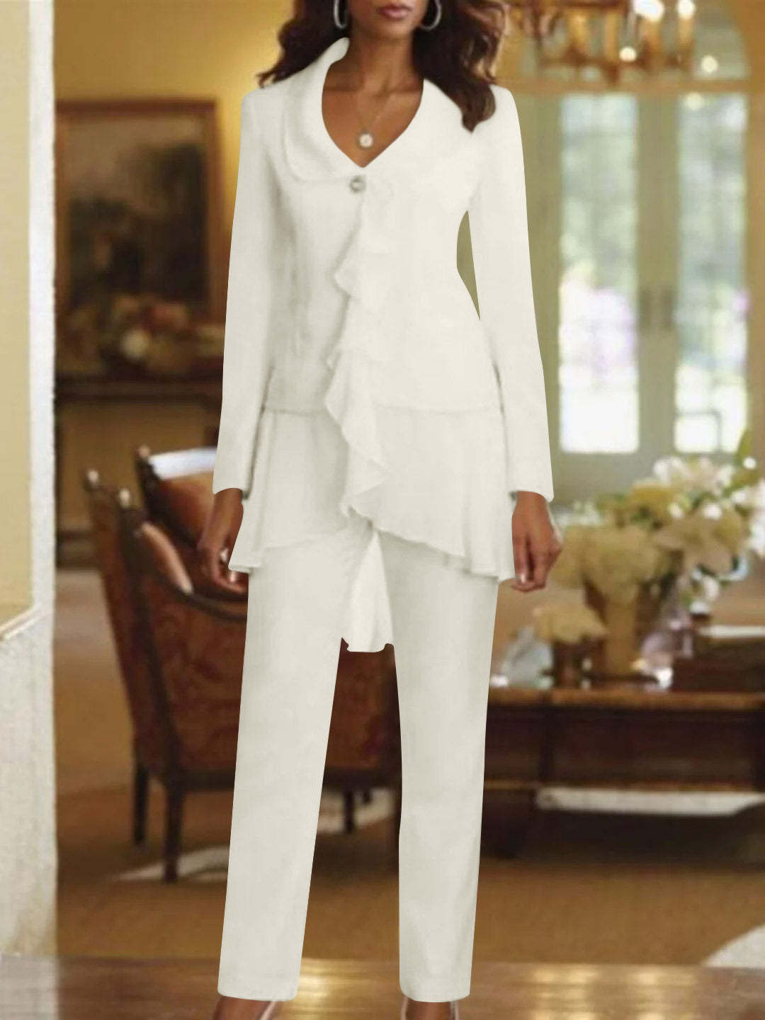 Floor-Length White V-Neck Pantsuit With Long Sleeves and Ruffle for Mother of the Bride