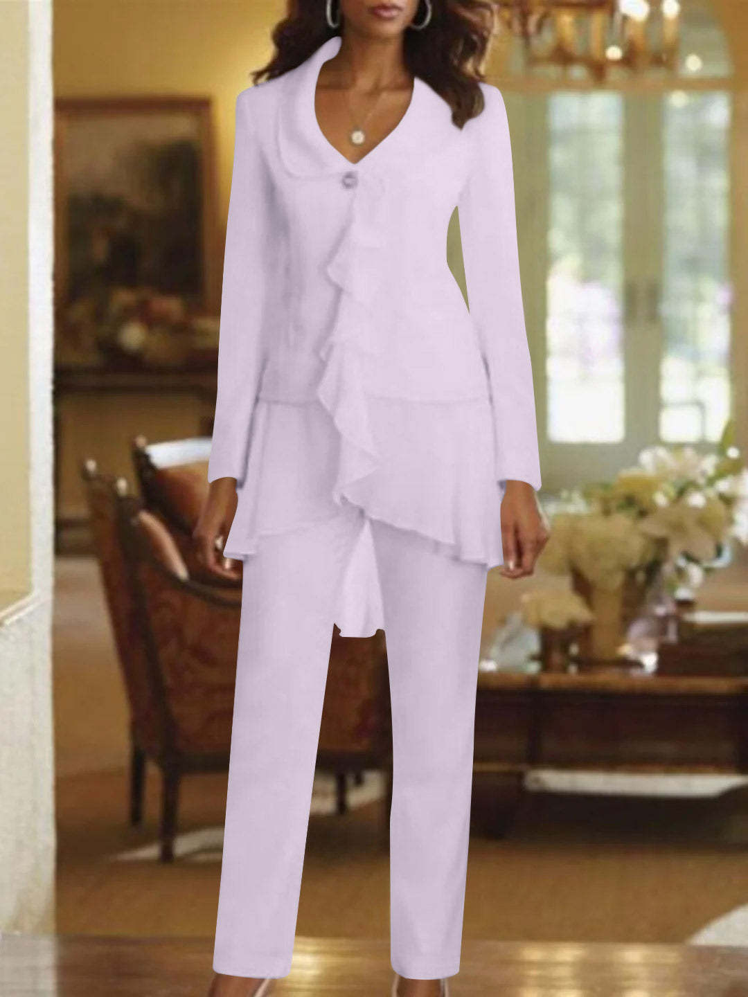 Floor-Length White V-Neck Pantsuit With Long Sleeves and Ruffle for Mother of the Bride