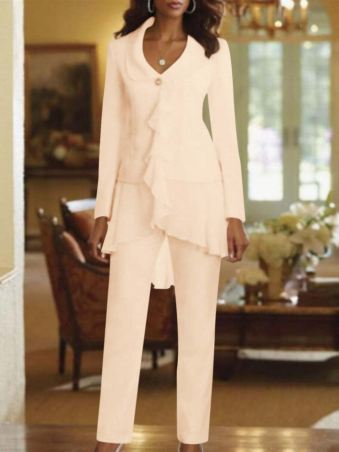 Floor-Length White V-Neck Pantsuit With Long Sleeves and Ruffle for Mother of the Bride