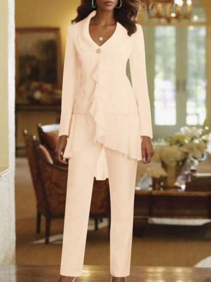 Floor-Length White V-Neck Pantsuit With Long Sleeves and Ruffle for Mother of the Bride