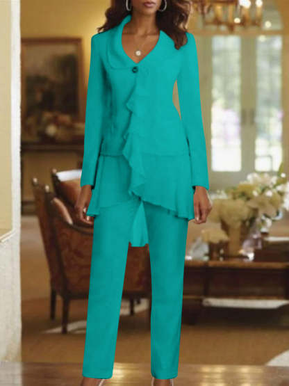 Floor-Length White V-Neck Pantsuit With Long Sleeves and Ruffle for Mother of the Bride