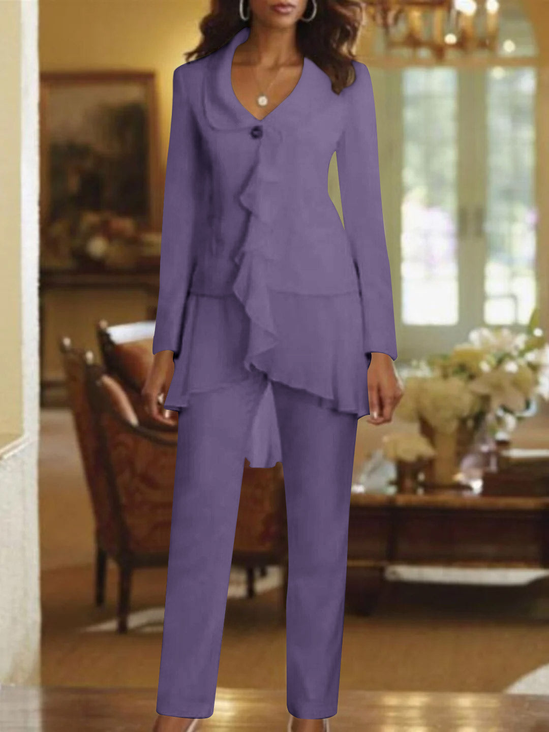 Floor-Length White V-Neck Pantsuit With Long Sleeves and Ruffle for Mother of the Bride