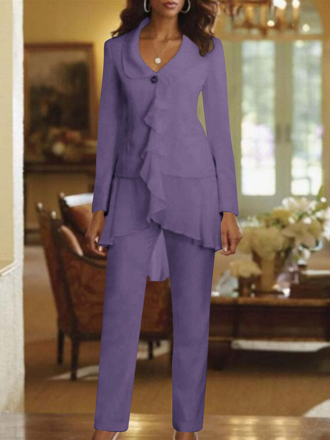 Floor-Length White V-Neck Pantsuit With Long Sleeves and Ruffle for Mother of the Bride