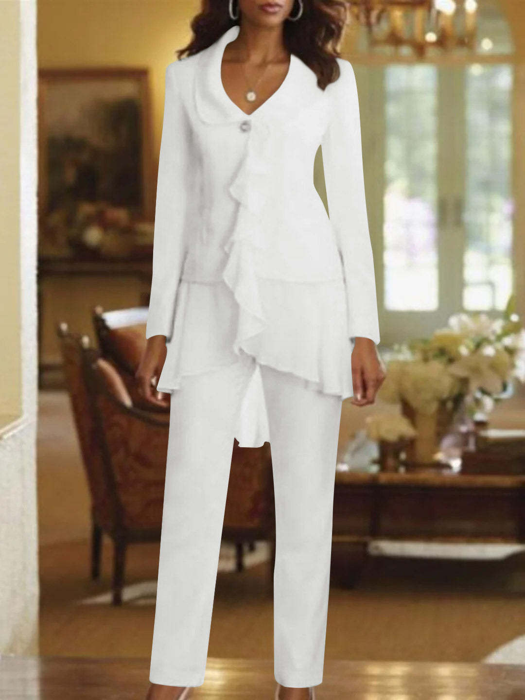Floor-Length White V-Neck Pantsuit With Long Sleeves and Ruffle for Mother of the Bride