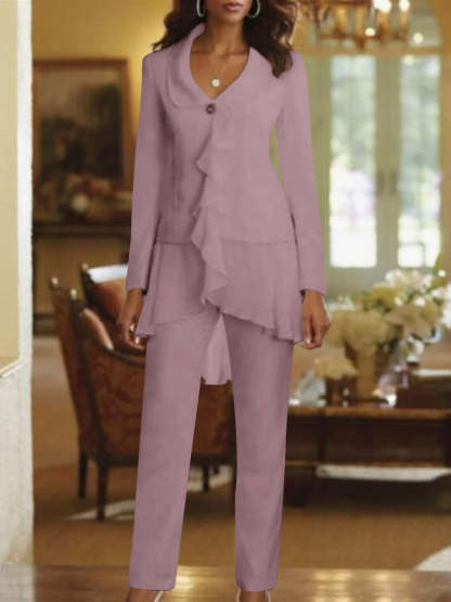 Floor-Length White V-Neck Pantsuit With Long Sleeves and Ruffle for Mother of the Bride