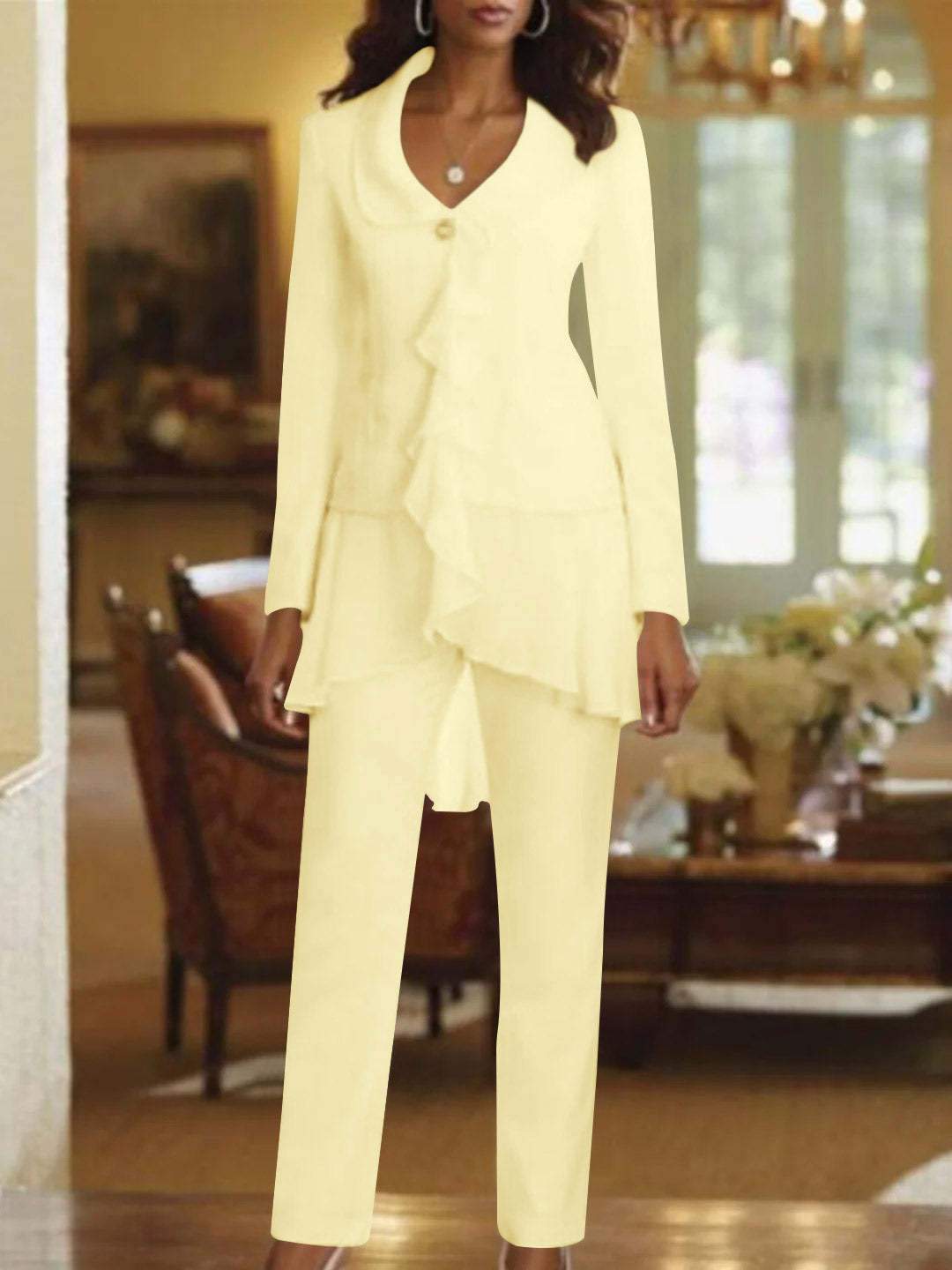 Floor-Length White V-Neck Pantsuit With Long Sleeves and Ruffle for Mother of the Bride